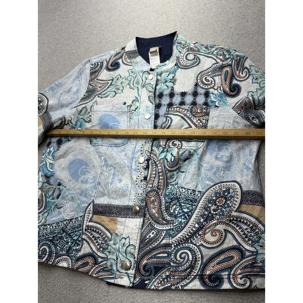 Chico's Jacket Womens 3 16/18 Reversible Linen Navy Paisley Patchwork Snap Front